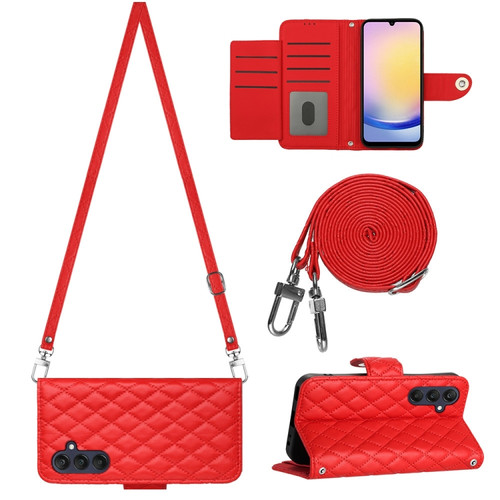 Samsung Galaxy A25 5G Rhombic Texture Flip Leather Phone Case with Long Lanyard - Red