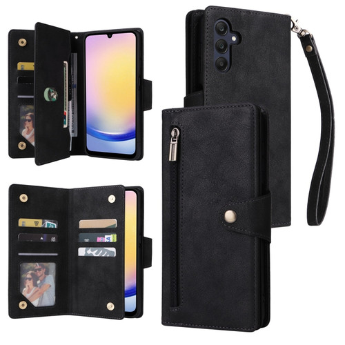 Samsung Galaxy A25 5G Rivet Buckle 9 Cards 3-Fold Wallet Leather Phone Case - Black