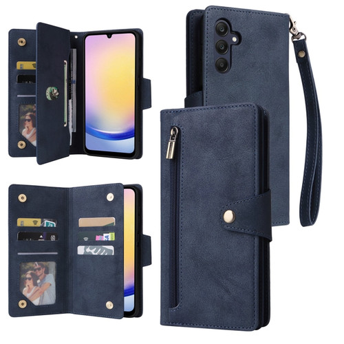 Samsung Galaxy A25 5G Rivet Buckle 9 Cards 3-Fold Wallet Leather Phone Case - Blue