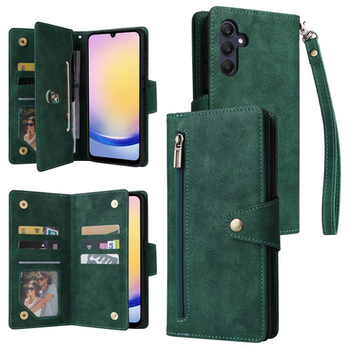 Samsung Galaxy A25 5G Rivet Buckle 9 Cards 3-Fold Wallet Leather Phone Case - Green