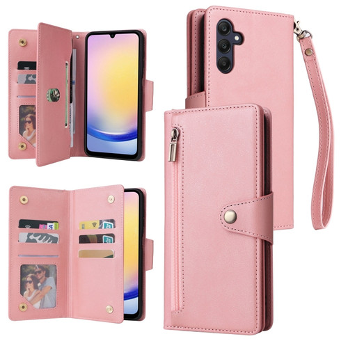 Samsung Galaxy A25 5G Rivet Buckle 9 Cards 3-Fold Wallet Leather Phone Case - Rose Gold