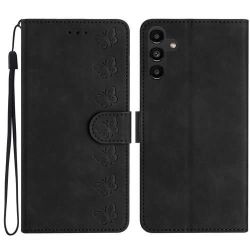 Samsung Galaxy A25 5G Seven Butterflies Embossed Leather Phone Case - Black