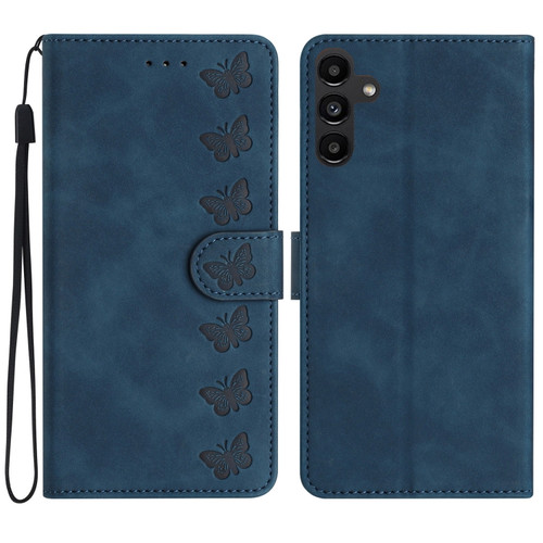 Samsung Galaxy A25 5G Seven Butterflies Embossed Leather Phone Case - Blue