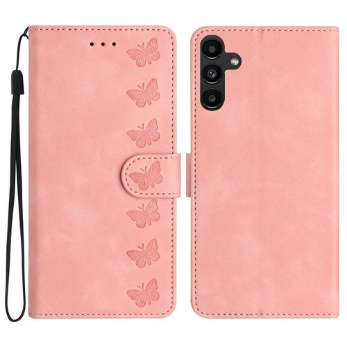 Samsung Galaxy A25 5G Seven Butterflies Embossed Leather Phone Case - Pink