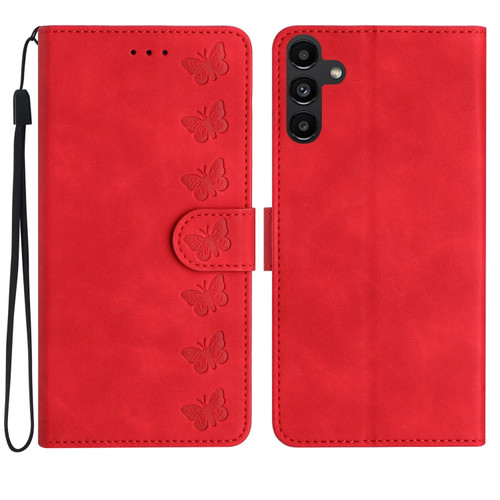 Samsung Galaxy A25 5G Seven Butterflies Embossed Leather Phone Case - Red