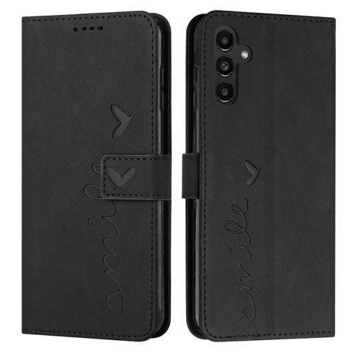 Samsung Galaxy A25 5G Skin Feel Heart Embossed Leather Phone Case with Long Lanyard - Black