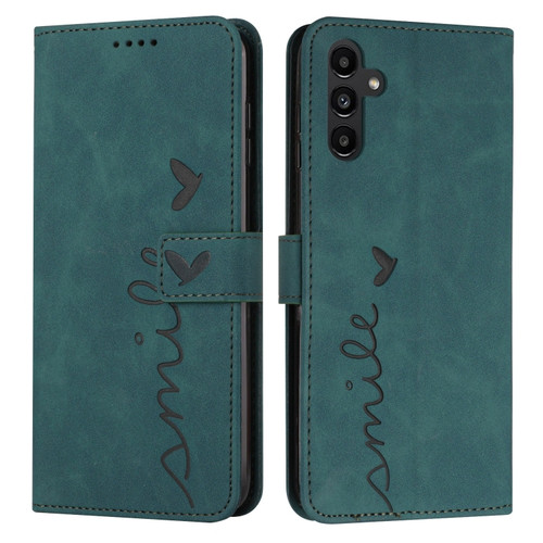 Samsung Galaxy A25 5G Skin Feel Heart Embossed Leather Phone Case with Long Lanyard - Green