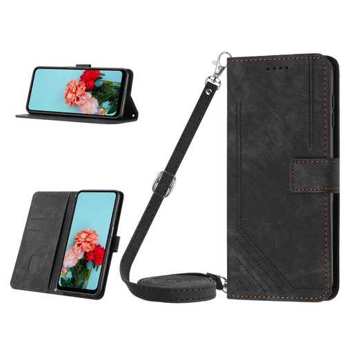Samsung Galaxy A25 5G Skin Feel Stripe Pattern Leather Phone Case with Long Lanyard - Black