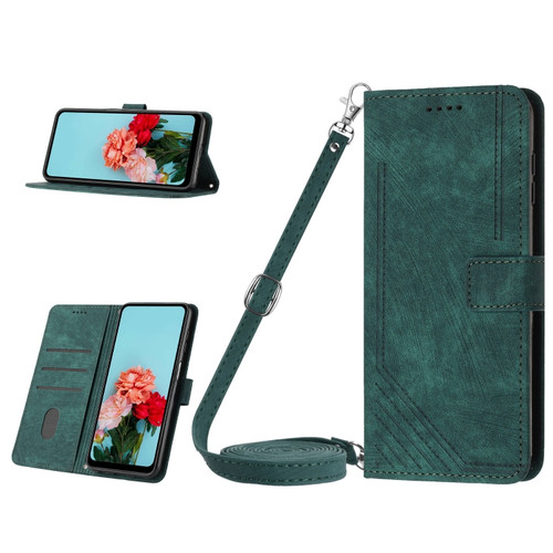 Samsung Galaxy A25 5G Skin Feel Stripe Pattern Leather Phone Case with Long Lanyard - Green