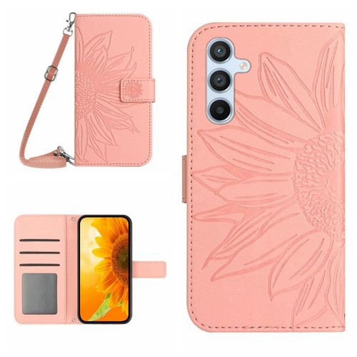 Samsung Galaxy A25 5G Skin Feel Sun Flower Pattern Flip Leather Phone Case with Lanyard - Pink