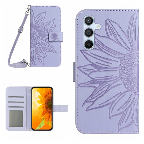 Samsung Galaxy A25 5G Skin Feel Sun Flower Pattern Flip Leather Phone Case with Lanyard - Purple