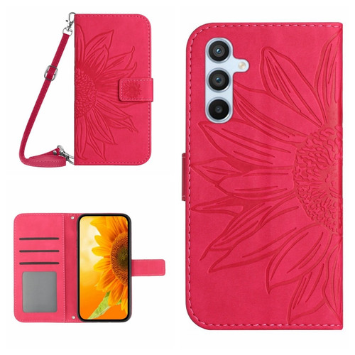 Samsung Galaxy A25 5G Skin Feel Sun Flower Pattern Flip Leather Phone Case with Lanyard - Rose Red