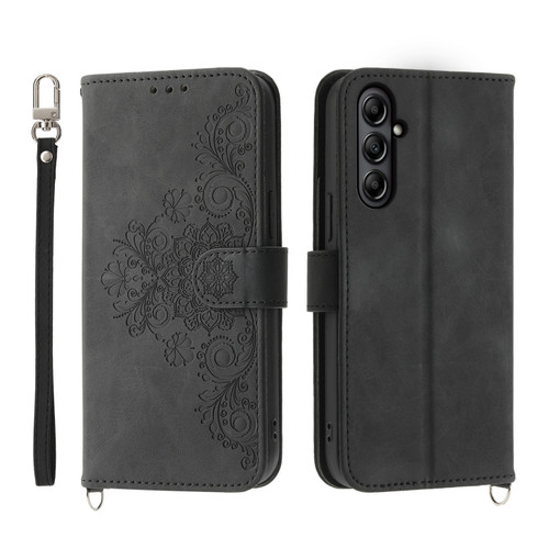 Samsung Galaxy A25 5G Skin-feel Flowers Embossed Wallet Leather Phone Case - Black