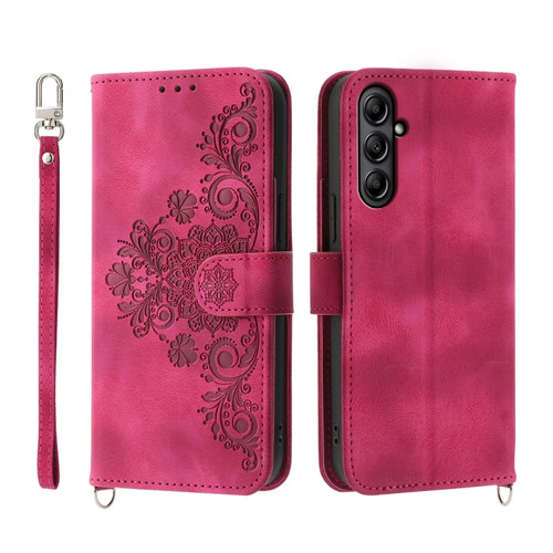 Samsung Galaxy A25 5G Skin-feel Flowers Embossed Wallet Leather Phone Case - Wine Red