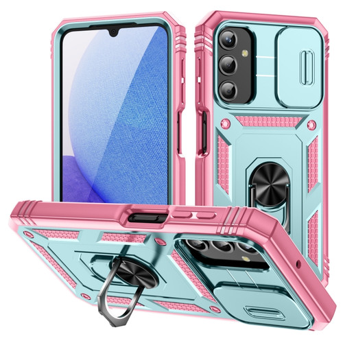 Samsung Galaxy A25 5G Sliding Camshield TPU + PC Phone Case with Holder - Green+Pink