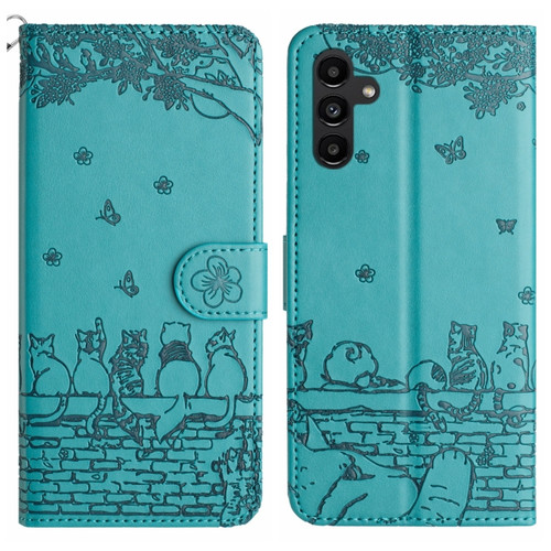 Samsung Galaxy A15 5G Cat Embossing Pattern Leather Phone Case with Lanyard - Blue