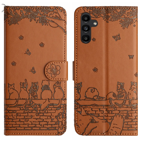 Samsung Galaxy A15 5G Cat Embossing Pattern Leather Phone Case with Lanyard - Brown