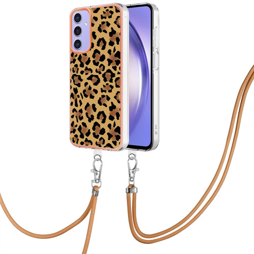 Samsung Galaxy A15 5G Electroplating Dual-side IMD Phone Case with Lanyard - Leopard Print