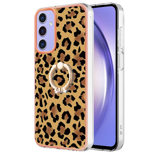 Samsung Galaxy A15 5G Electroplating Dual-side IMD Phone Case with Ring Holder - Leopard Print