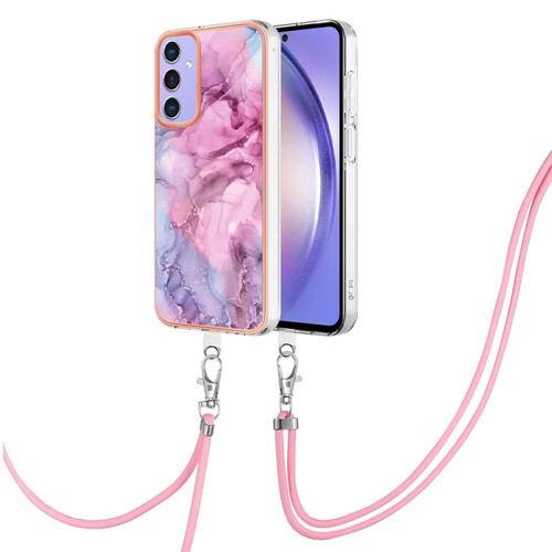 Samsung Galaxy A15 5G Electroplating Marble Dual-side IMD Phone Case with Lanyard - Pink 013