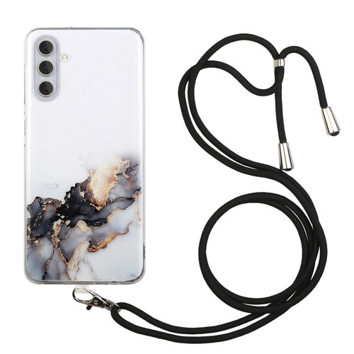 Samsung Galaxy A15 5G Hollow Marble Pattern TPU Phone Case with Neck Strap Rope - Black