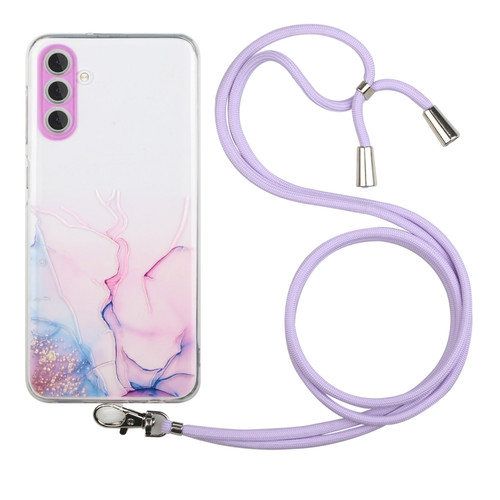 Samsung Galaxy A15 5G Hollow Marble Pattern TPU Phone Case with Neck Strap Rope - Pink