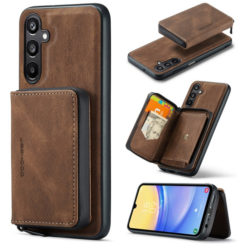 Samsung Galaxy A15 5G JEEHOOD Magnetic Zipper Horizontal Flip Leather Phone Case - Brown