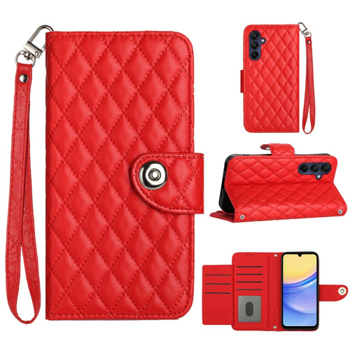 Samsung Galaxy A15 5G Rhombic Texture Flip Leather Phone Case with Lanyard - Red