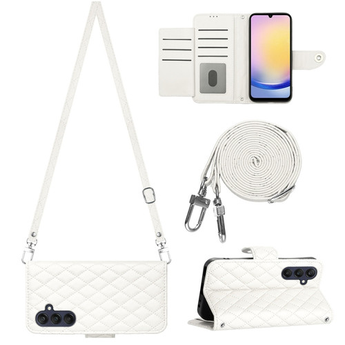 Samsung Galaxy A15 5G Rhombic Texture Flip Leather Phone Case with Long Lanyard - White