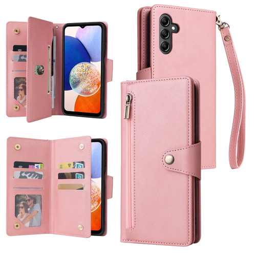 Samsung Galaxy A15 5G Rivet Buckle 9 Cards 3-Fold Wallet Leather Phone Case - Rose Gold