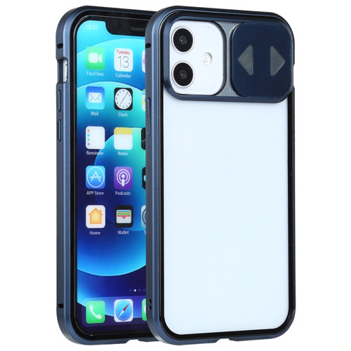 Fusion360 iPhone 12 / 12 Pro Sliding Lens Cover Mirror Design Four-corner Shockproof Magnetic Metal Frame Double-sided Tempered Glass Case - Blue