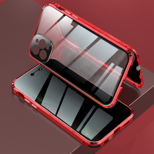 Fusion360 iPhone 12 Pro Max Four-corner Shockproof Anti-peeping Magnetic Metal Frame Double-sided Tempered Glass Case - Red