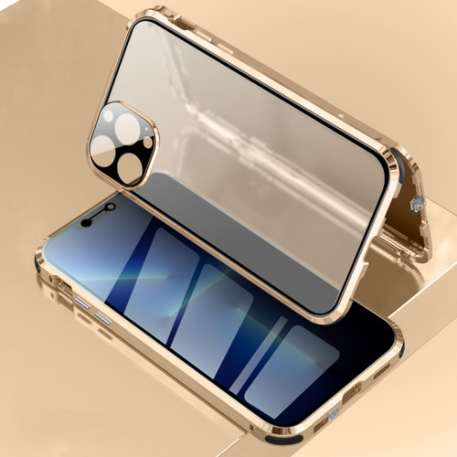 Fusion360 iPhone 13 Pro Four-corner Shockproof Anti-peeping Magnetic Metal Frame Double-sided Tempered Glass Case  - Gold