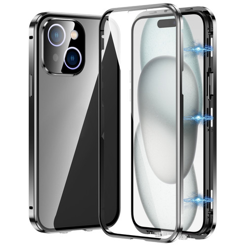 Fusion360 iPhone 15 Plus Magnetic Double-buckle HD Tempered Glass Phone Case - Black
