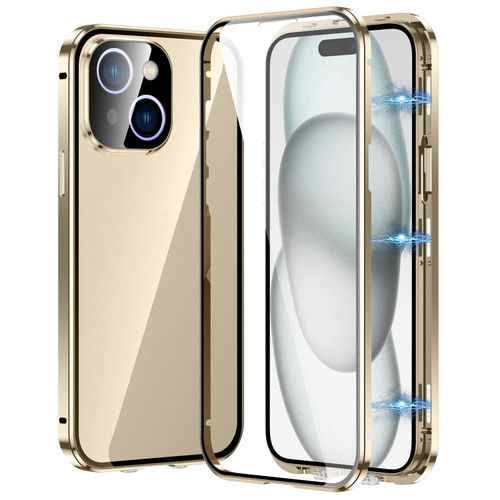 Fusion360 iPhone 15 Plus Magnetic Double-buckle HD Tempered Glass Phone Case - Gold