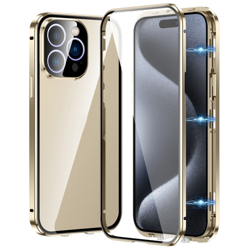 Fusion360 iPhone 15 Pro Max Magnetic Double-buckle HD Tempered Glass Phone Case - Gold