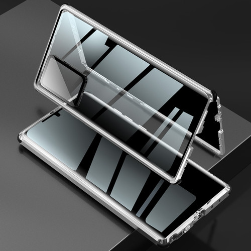 Fusion360 Samsung Galaxy Note20 Ultra Four-corner Shockproof Anti-peeping Magnetic Metal Frame Double-sided Tempered Glass Case - Silver