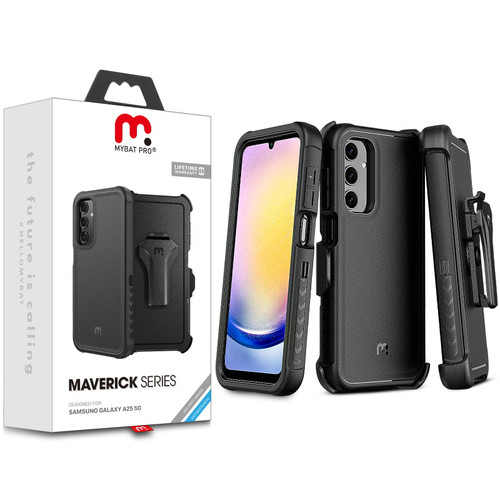 MyBat Pro Antimicrobial Maverick Series Case with Holster for Samsung Galaxy A25 5G - Black / Black