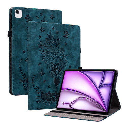 iPad Air 11 2024 Butterfly Rose Embossed Leather Smart Tablet Case - Dark Blue