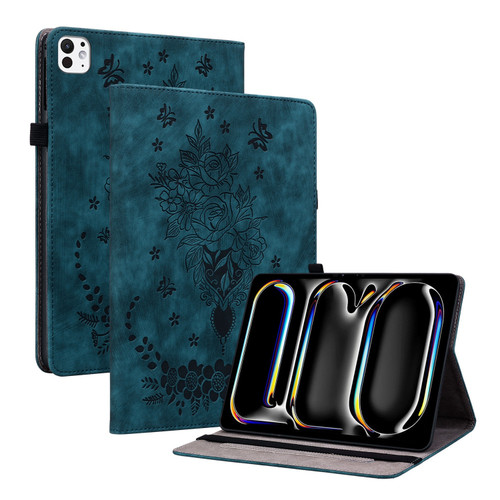 iPad Pro 11 2024 Butterfly Rose Embossed Leather Smart Tablet Case - Dark Blue