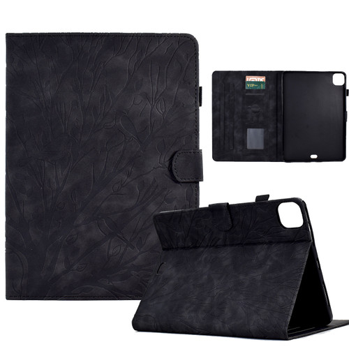 iPad Pro 11 2024 Fortune Tree Embossed Leather Smart Tablet Case - Black