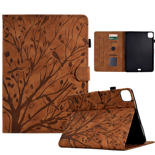 iPad Pro 11 2024 Fortune Tree Embossed Leather Smart Tablet Case - Brown