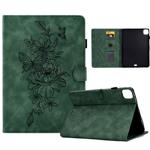 iPad Pro 11 2024 Peony Butterfly Embossed Leather Smart Tablet Case - Green