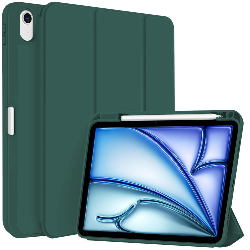 iPad Air 11 2024 3-fold TPU Smart Leather Tablet Case with Pen Slot - Dark Green