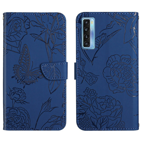TCL 20S / 20 5G / 20L / 20L+ Skin Feel Butterfly Peony Embossed Leather Phone Case - Blue