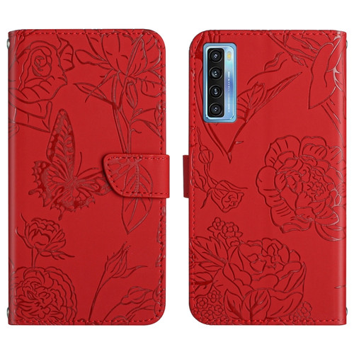 TCL 20S / 20 5G / 20L / 20L+ Skin Feel Butterfly Peony Embossed Leather Phone Case - Red