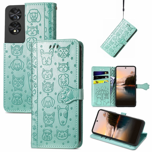 TCL 40 NXTpaper 5G Cat and Dog Embossed Leather Phone Case - Green