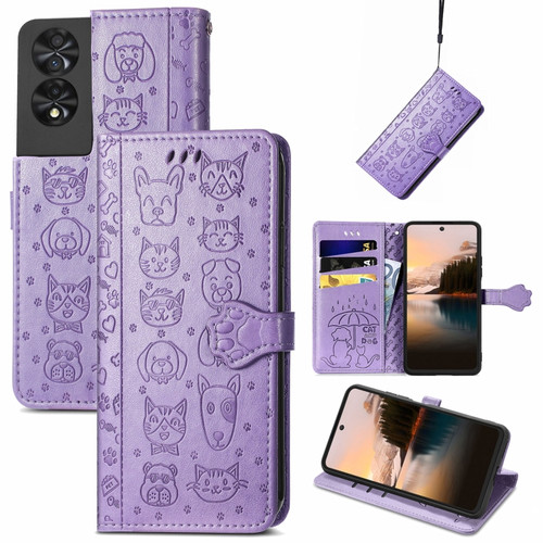 TCL 40 NXTpaper 5G Cat and Dog Embossed Leather Phone Case - Purple