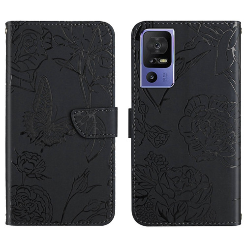 TCL 40 SE HT03 Skin Feel Butterfly Embossed Flip Leather Phone Case - Black