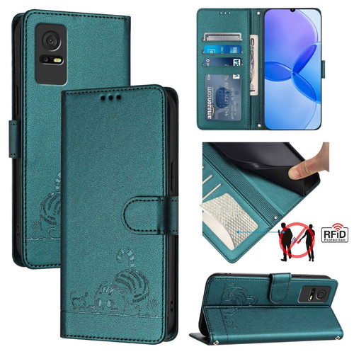 TCL 405 / 406 / 408 Cat Rat Embossed Pattern RFID Leather Phone Case with Lanyard - Peacock Green